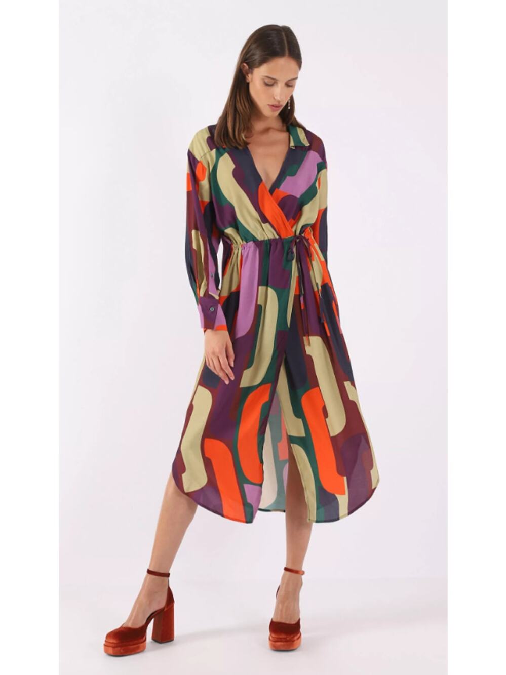Dixie Wrap V-Neck Collar Midi Dress in Multi-Color Geometric Print M NWT $260